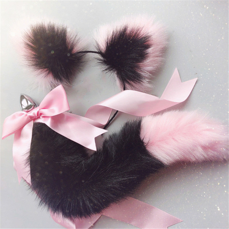 Pink and Black  Cat Ears and Tail Butt Plug 