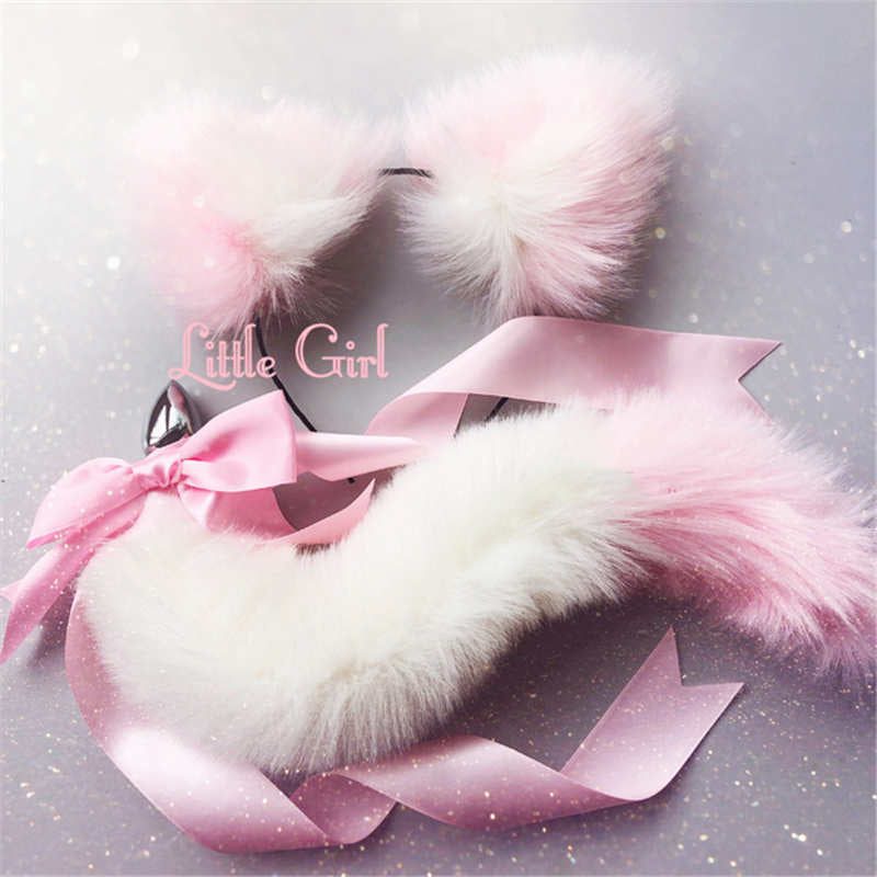 Pink and White Cat Ears and Tail Butt Plug 
