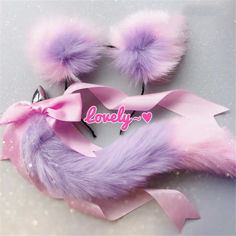 Pink and Purple Cat Ears and Tail Butt Plug 