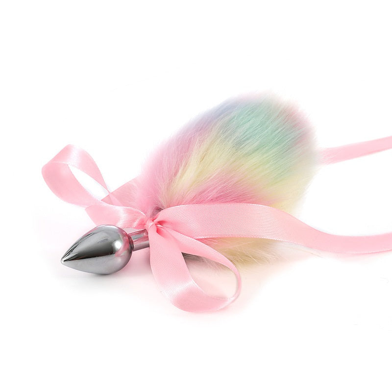Pastel Rainbow Cat Ears With Bunny Tail With Ribbon