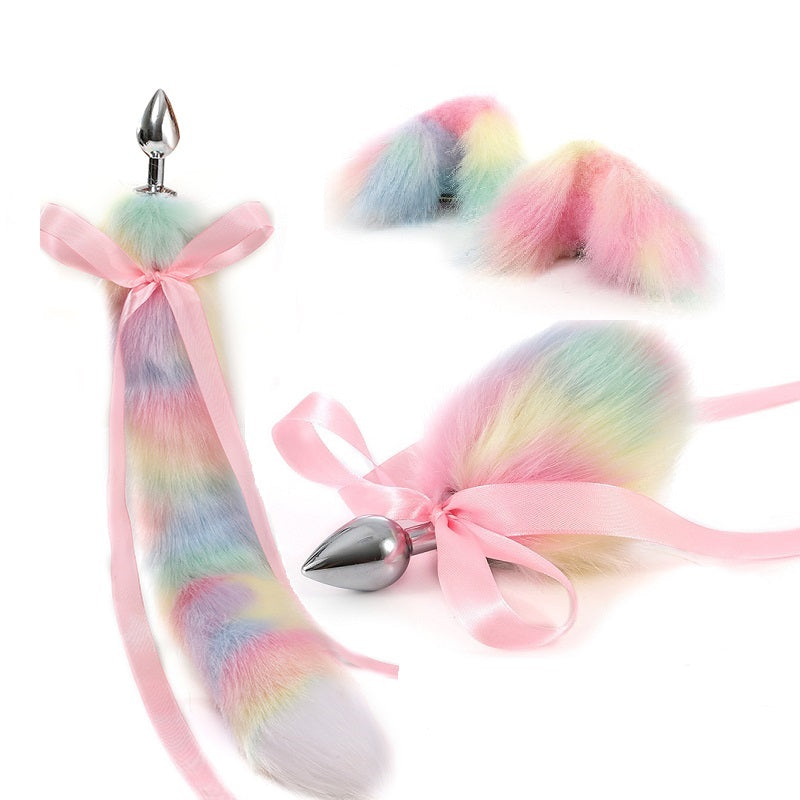 Pastel Rainbow Cat Ears With Cat Tail and Bunny Tail