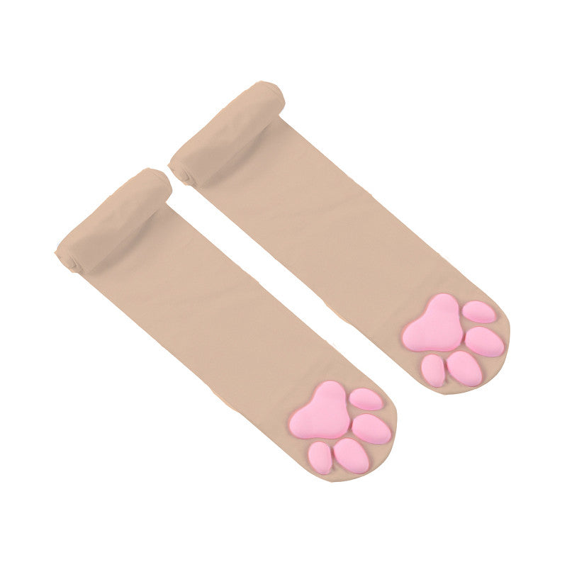 Pink Paw Pad Cat Beige ack Stockings Close Up