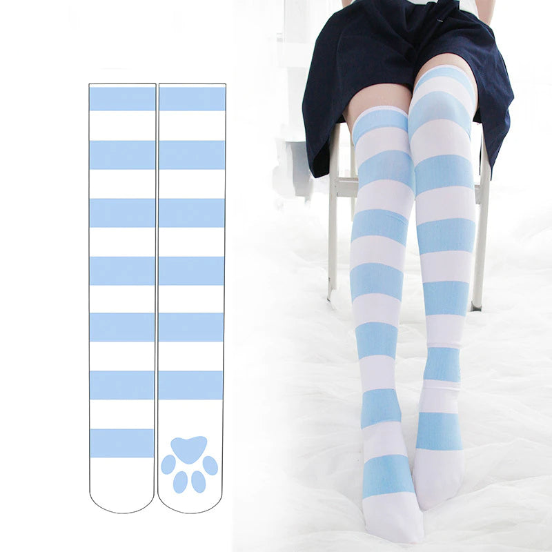 Blue Paw Print Striped Stockings Details