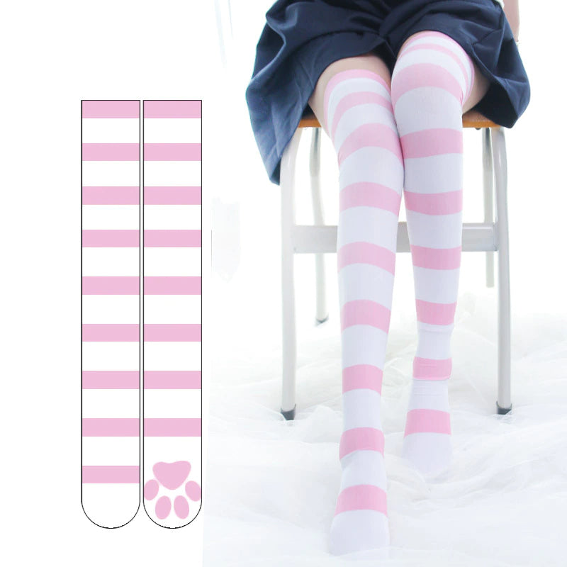 Pink Paw Print Striped Stockings Details