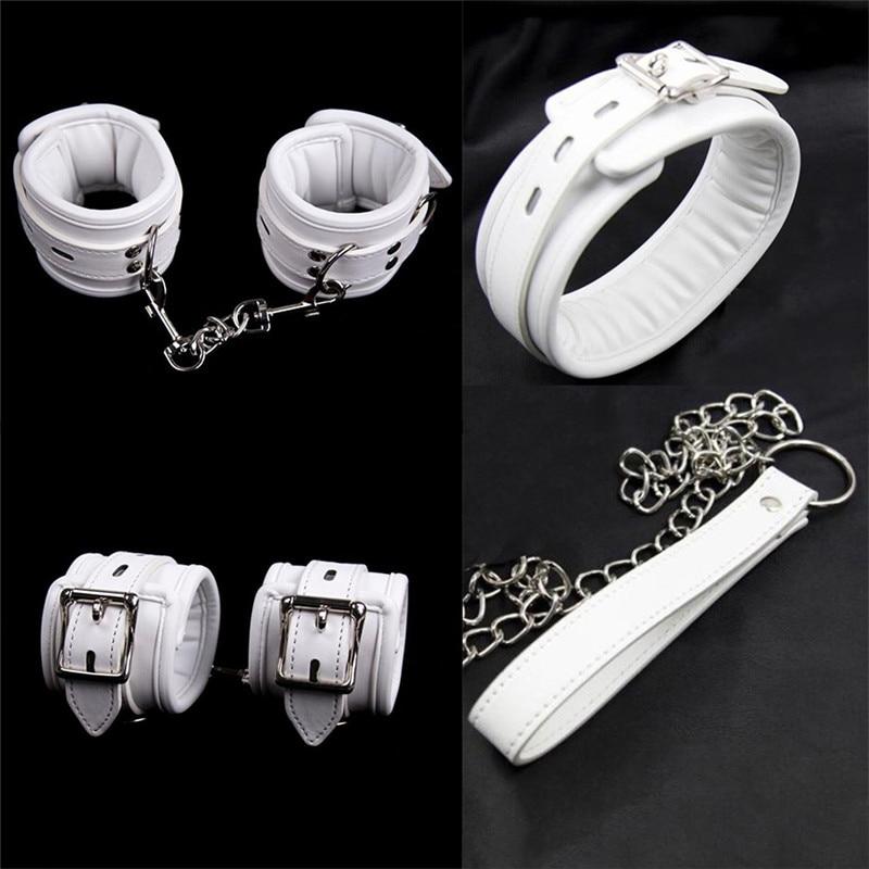 White Stuffed Leather Collar And Handcuffs and Legcuffs Profile