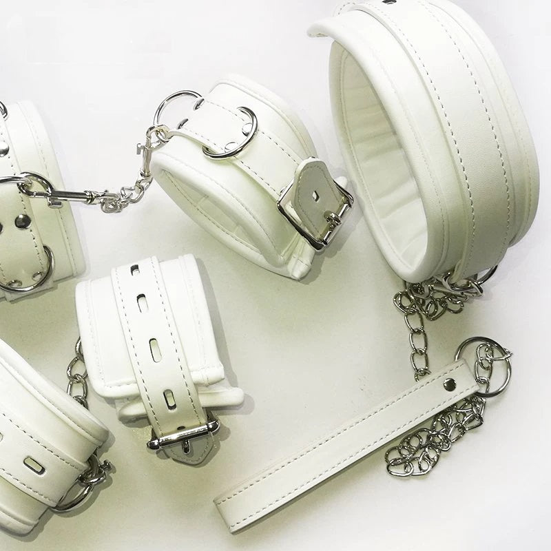 White Stuffed Leather Collar And Handcuffs and Legcuffs