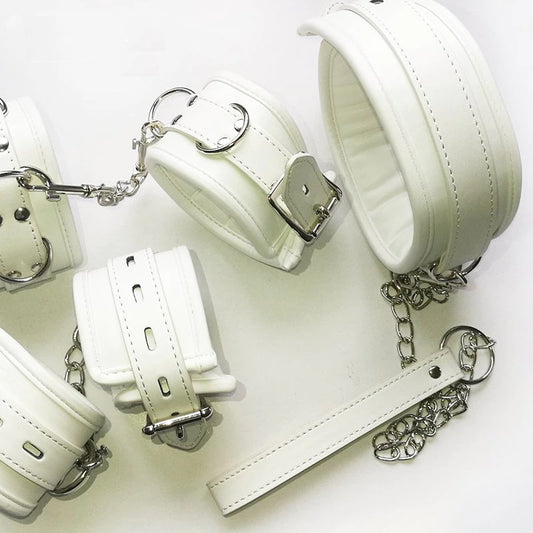 White Stuffed Leather Collar And Handcuffs and Legcuffs