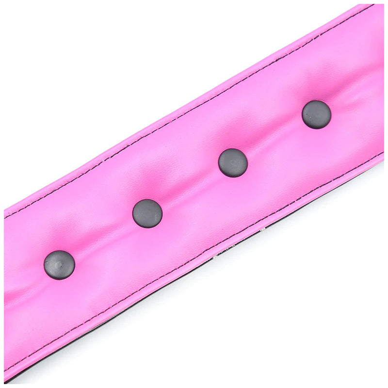 Pink & Black Leather Stuffed Handcuffs Back Side Close Up