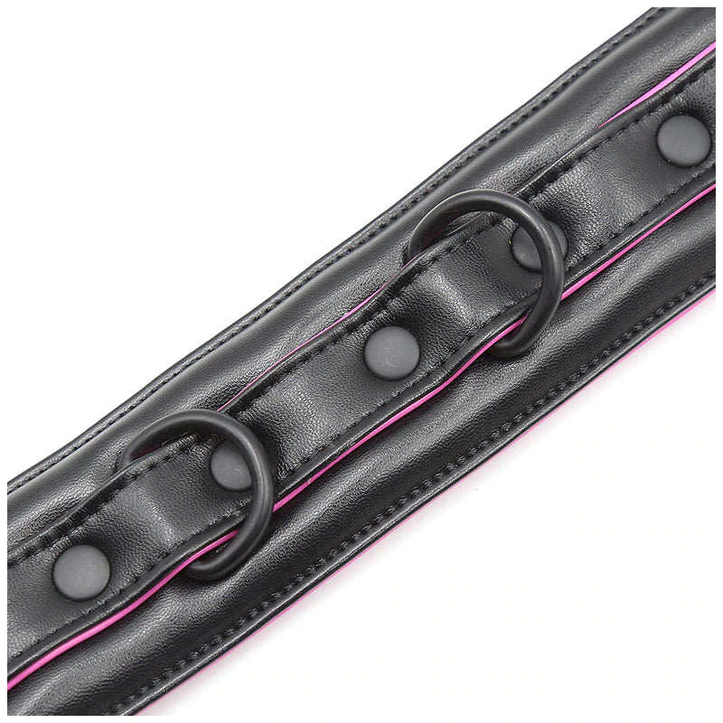 Pink & Black Leather Stuffed Handcuffs Close Up