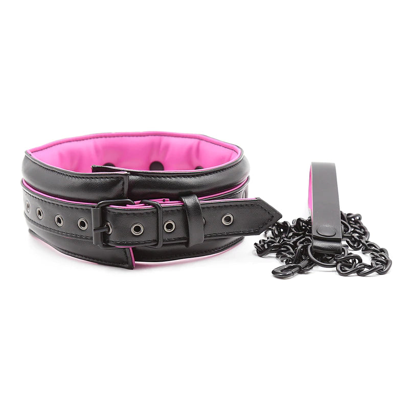 Pink & Black Leather Stuffed Collar With Chained Leash Profile