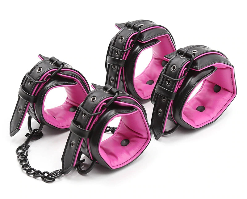 Pink & Black Leather Stuffed Handcuffs And Legcuffs