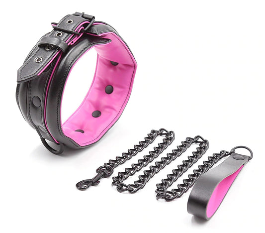Pink & Black Leather Stuffed Collar With Chained Leash