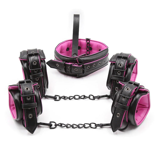 Pink & Black Leather Stuffed Collar And Handcuffs And Legcuffs