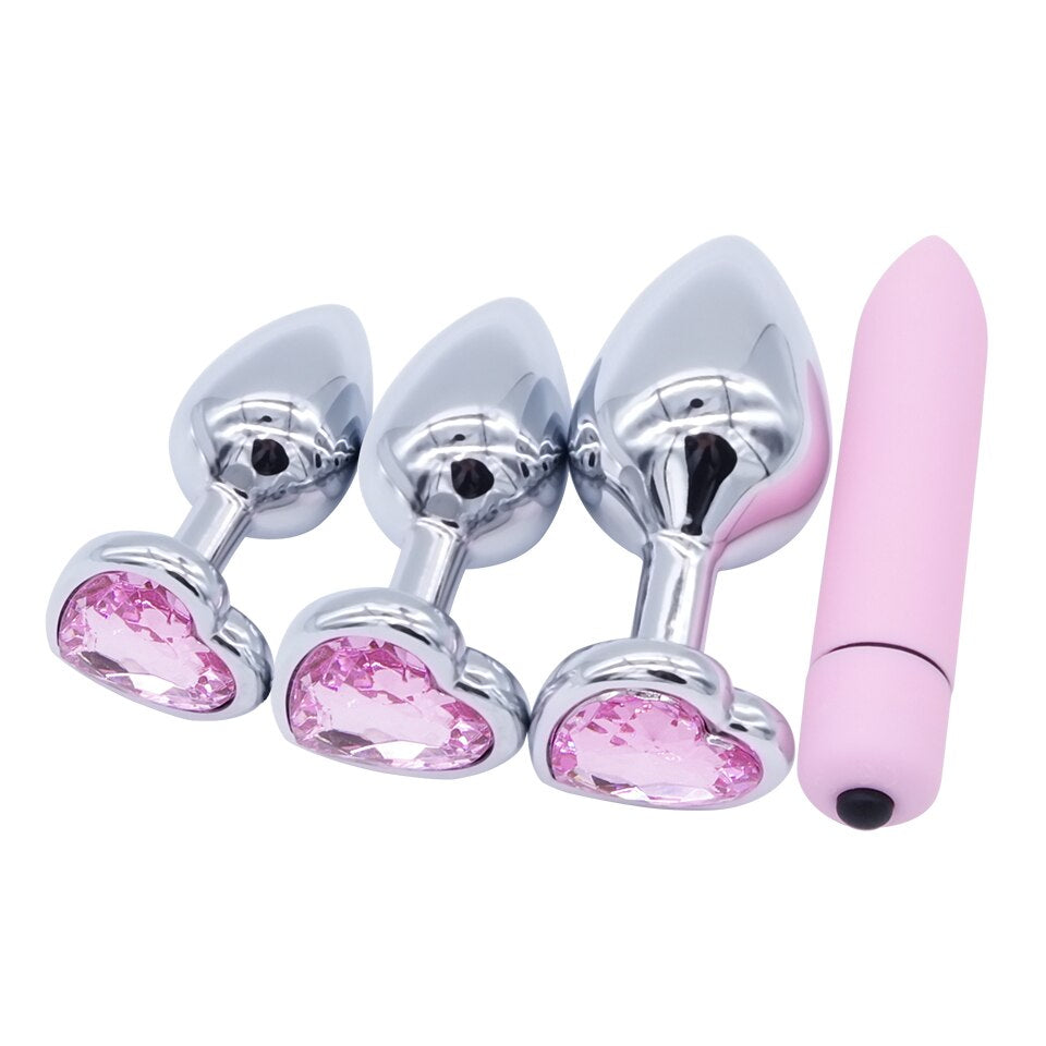 Pink Heart Metal Butt Plug Set And Vibrator