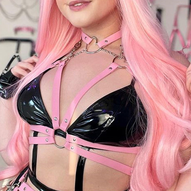 Heart Chained Pink Leather Harness Top