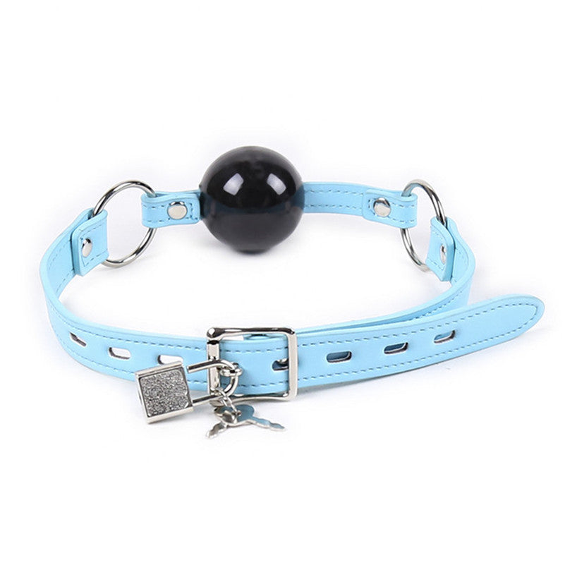 Blue Leather Choker with Black Ball Gag Back Side