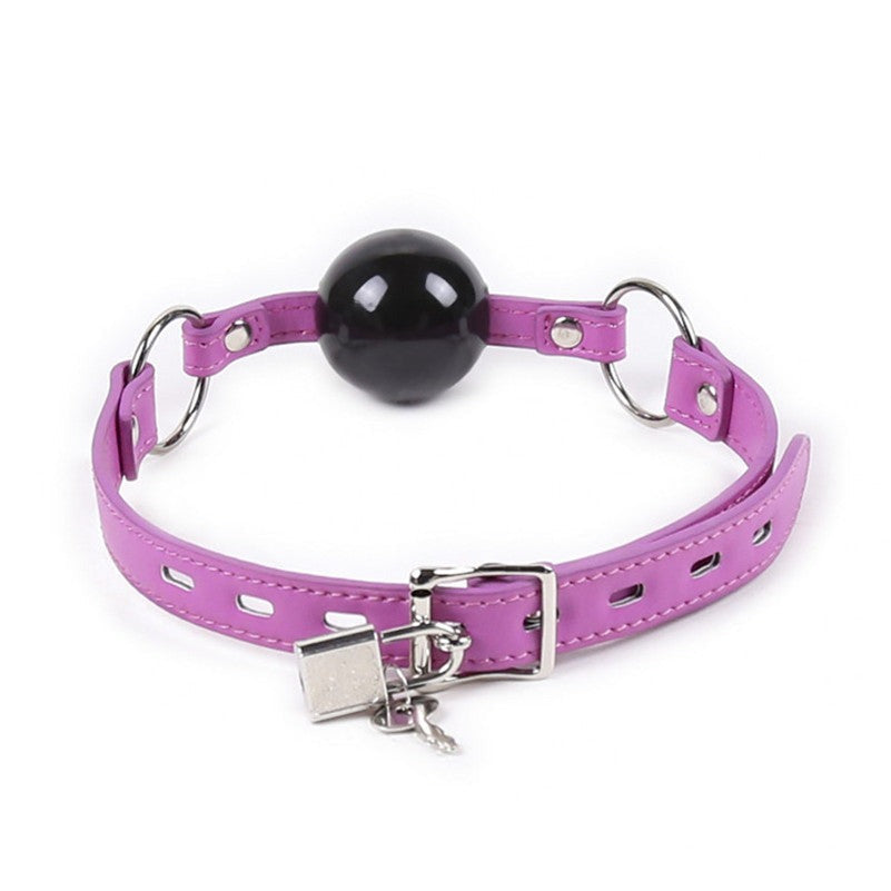 Purple Leather Choker with Black Ball Gag Back Side