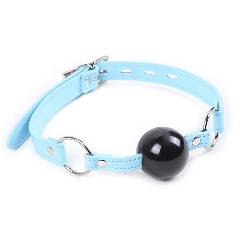 Blue Leather Choker with Black Ball Gag Front Side