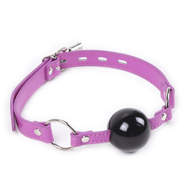 Purple Leather Choker with Black Ball Gag Front Side