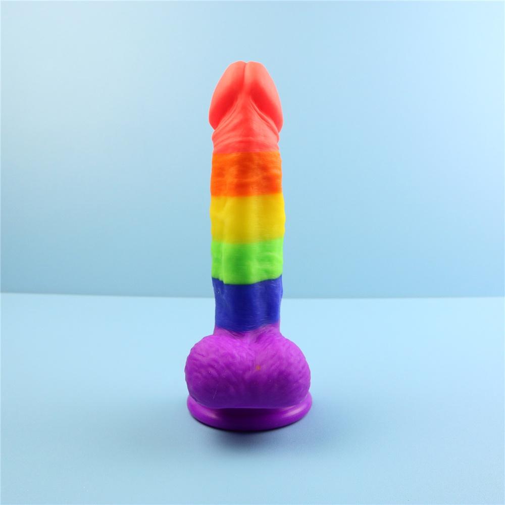 Silicone Veiny Rainbow Pride Dildo Front Side