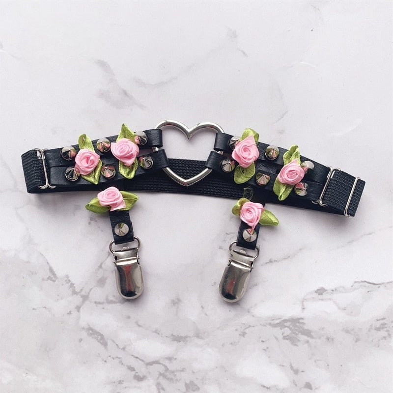Pink Rose Black Garter Belt