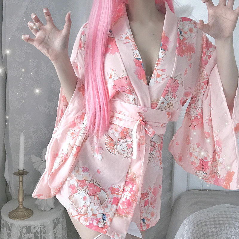 Pink Sakura Flower Kimono Front Side