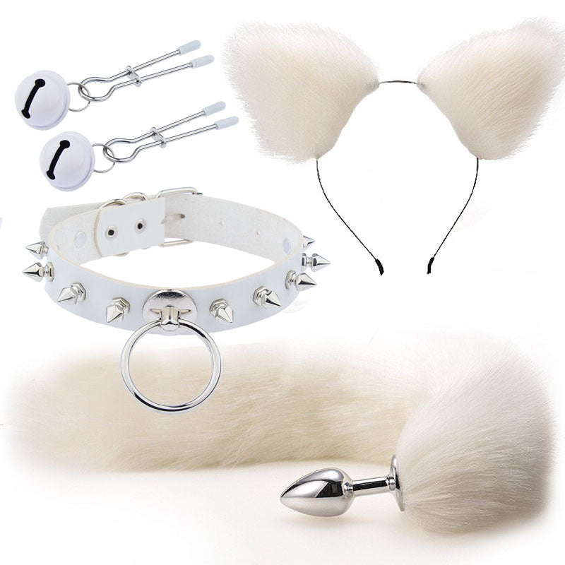 White Cat Ears Nipple Clamps Spiked Choker and Tail Butt Plug Set