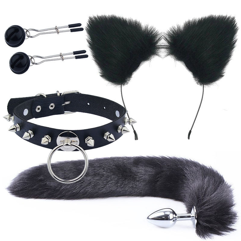 Black Cat Ears Nipple Clamps Spiked Choker and Tail Butt Plug Set