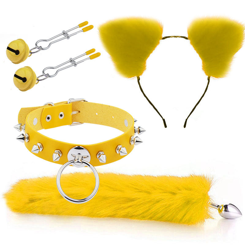 Yellow Cat Ears Nipple Clamps Spiked Choker and Tail Butt Plug Set