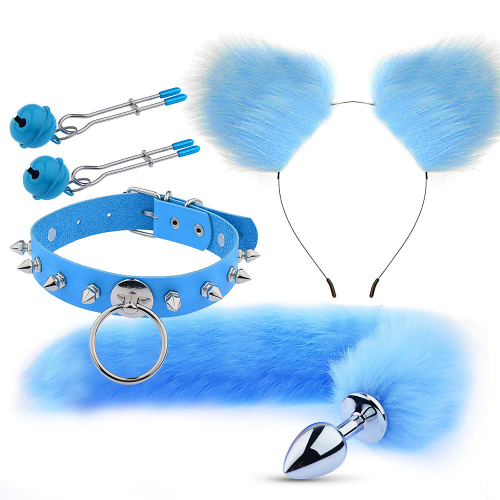 Blue Cat Ears Nipple Clamps Spiked Choker and Tail Butt Plug Set