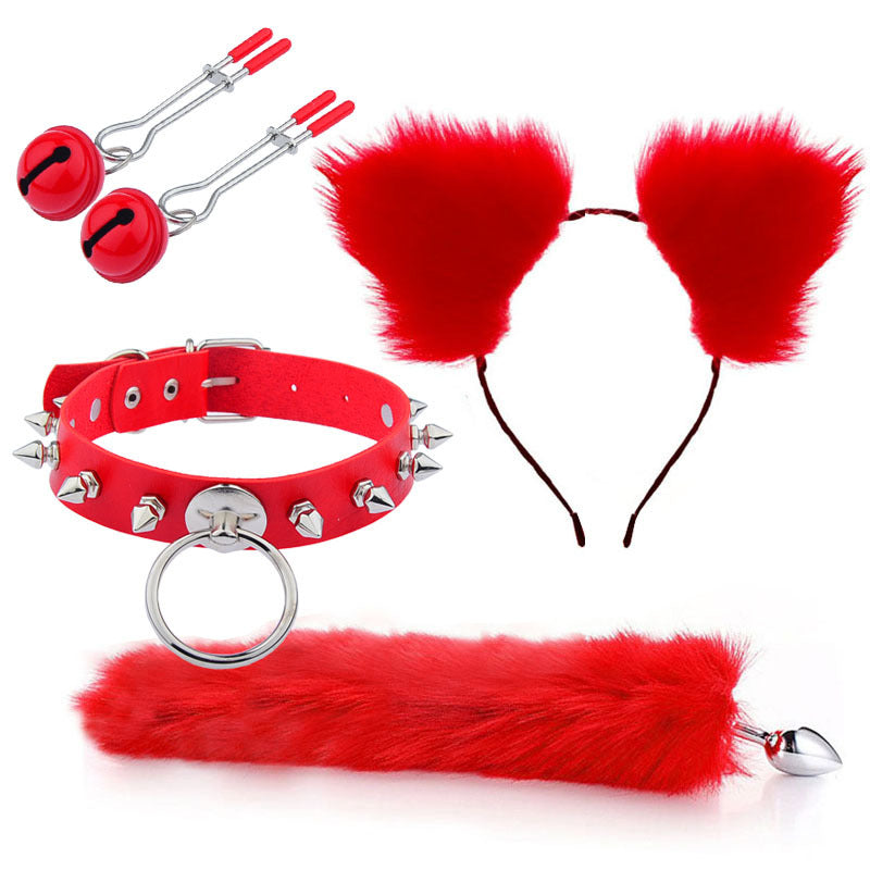 Red Cat Ears Nipple Clamps Spiked Choker and Tail Butt Plug Set