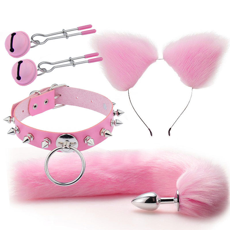Pink Cat Ears Nipple Clamps Spiked Choker and Tail Butt Plug Set
