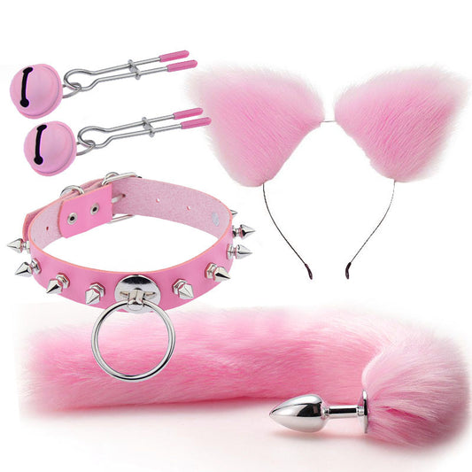 Pink Cat Ears Nipple Clamps Spiked Choker and Tail Butt Plug Set