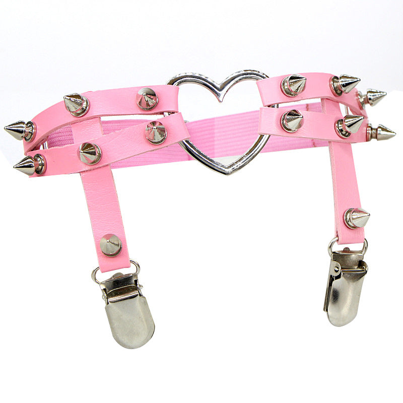 Spiked Heart Pink Leather Garter Belt