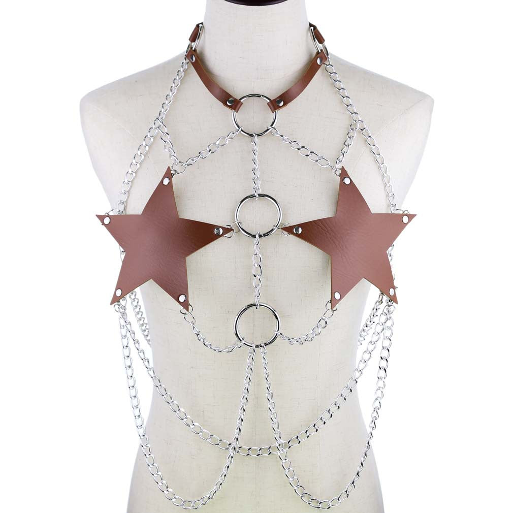 Brown Leather Star Chain Harness