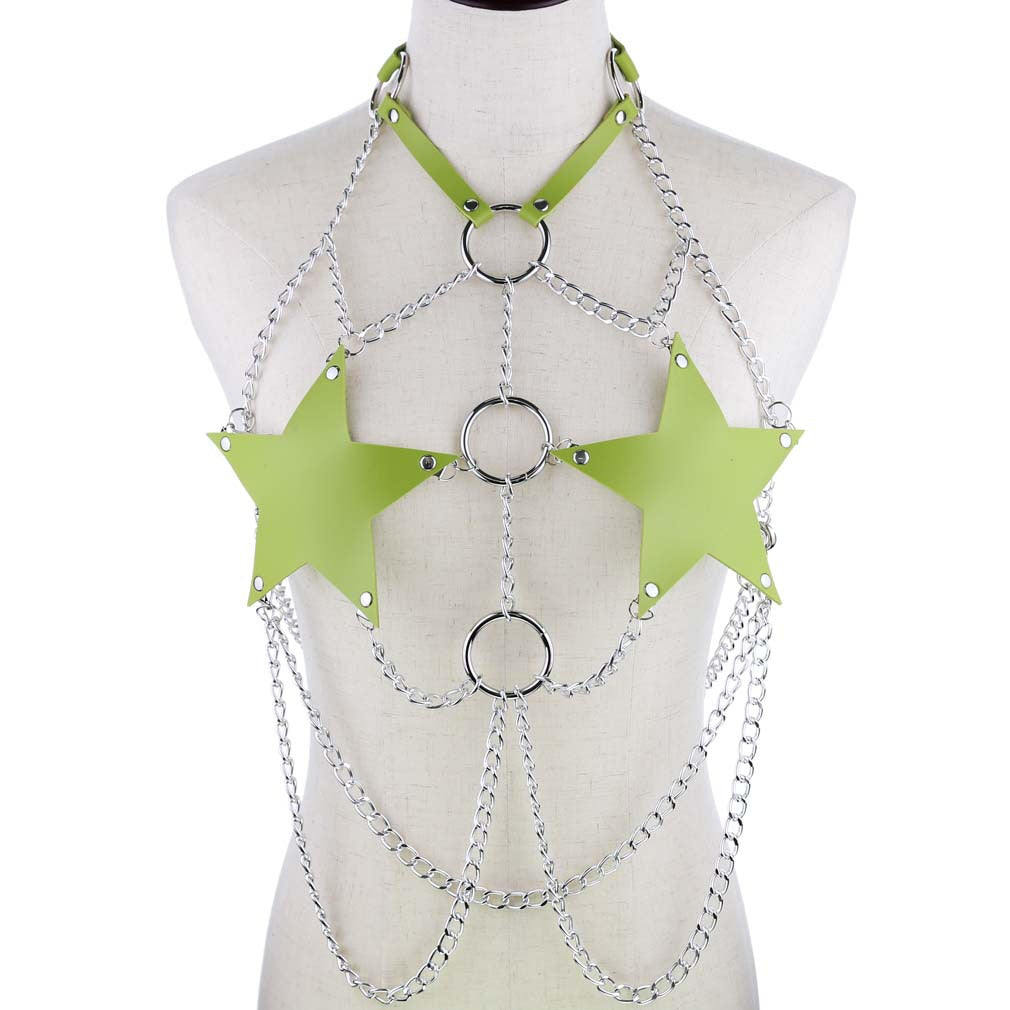 Green  Leather Star Chain Harness