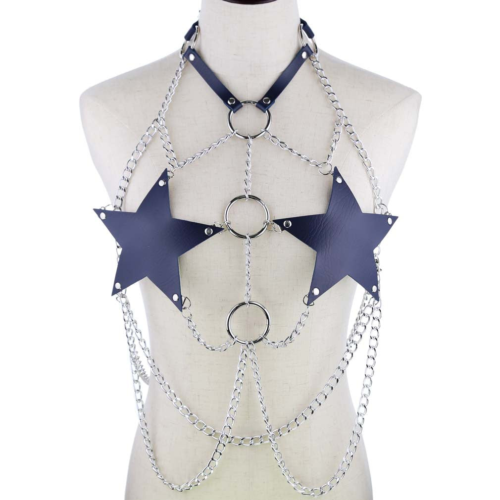 Dark Blue Leather Star Chain Harness