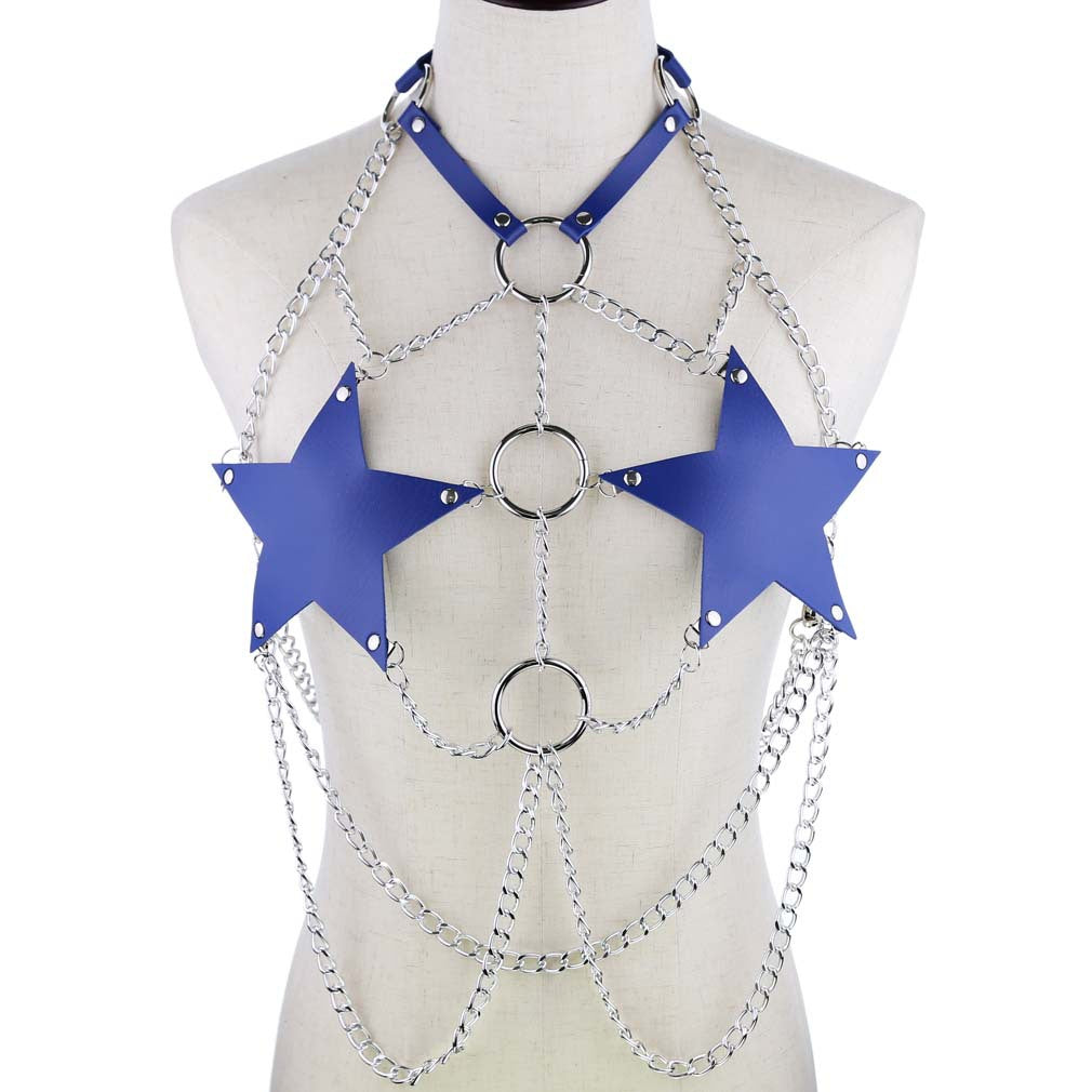 Navy Blue Leather Star Chain Harness