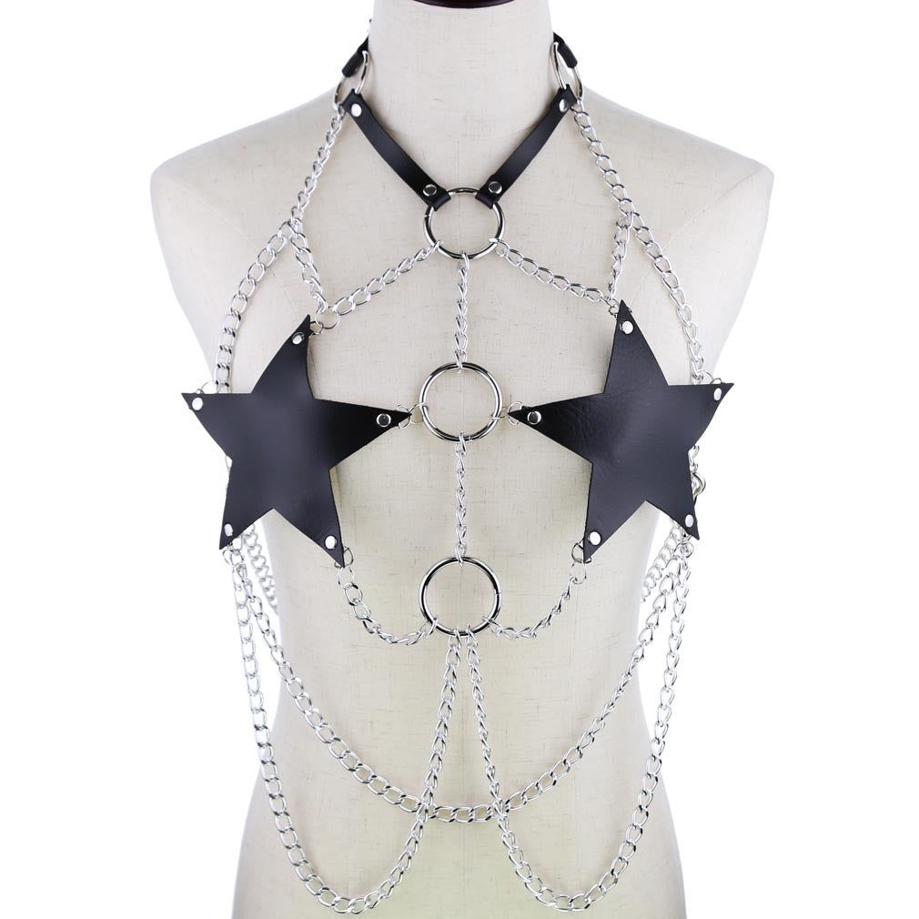 Black Leather Star Chain Harness