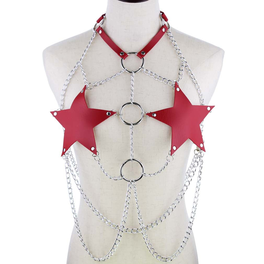 Red Leather Star Chain Harness
