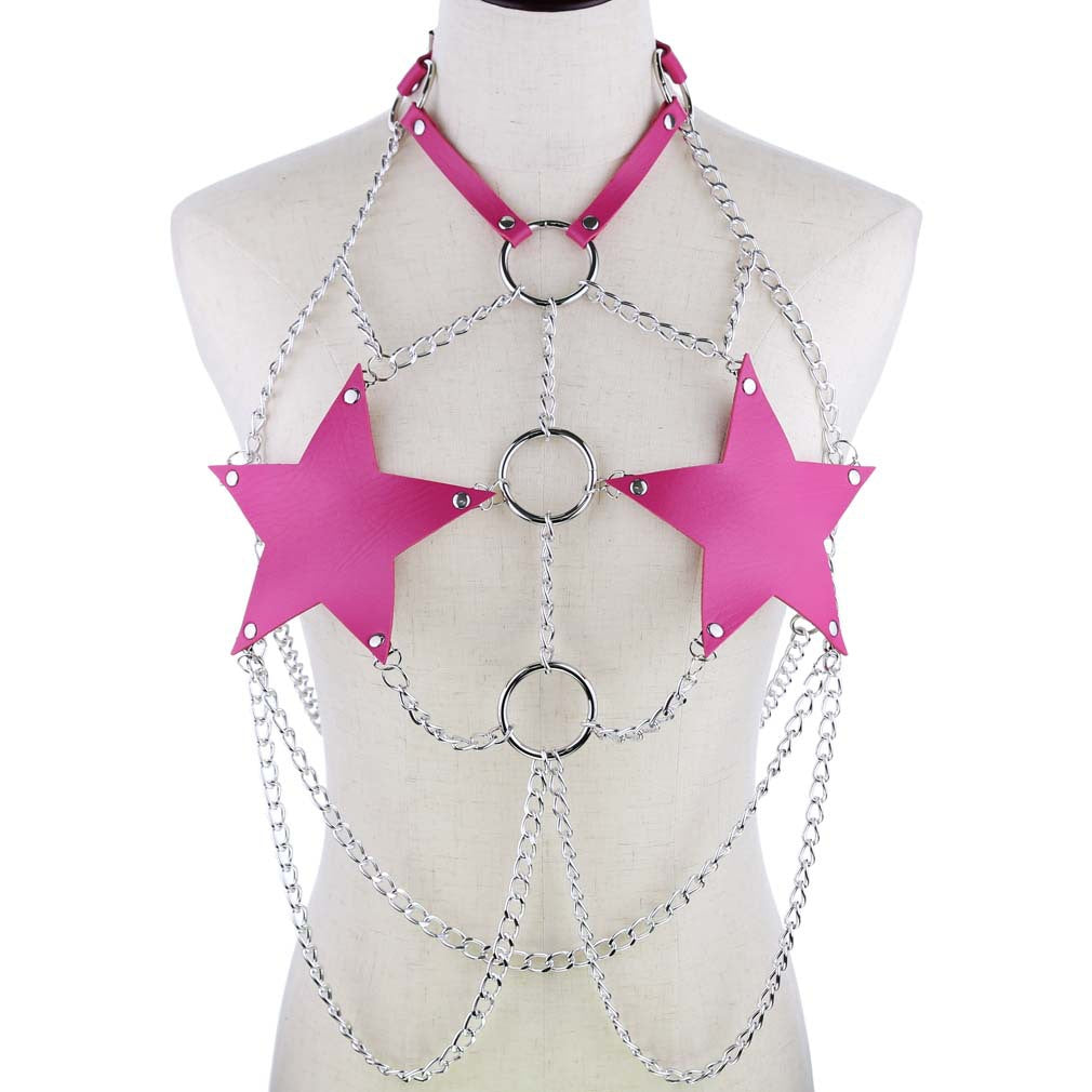 Dark Pink Leather Star Chain Harness
