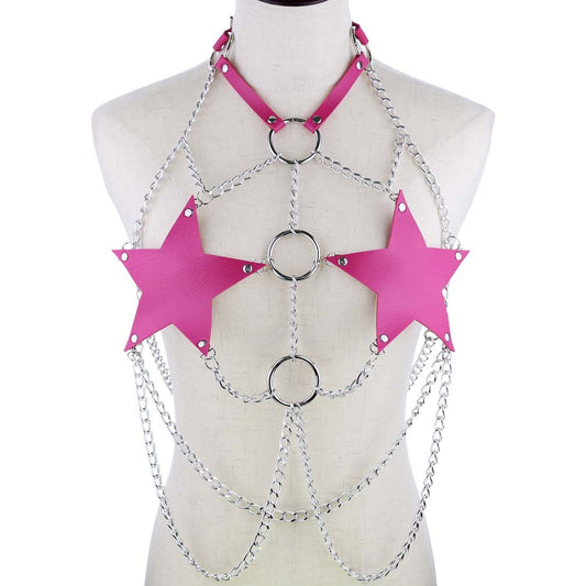 Dark Pink Leather Star Chain Harness