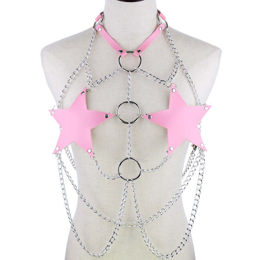 Pink Leather Star Chain Harness