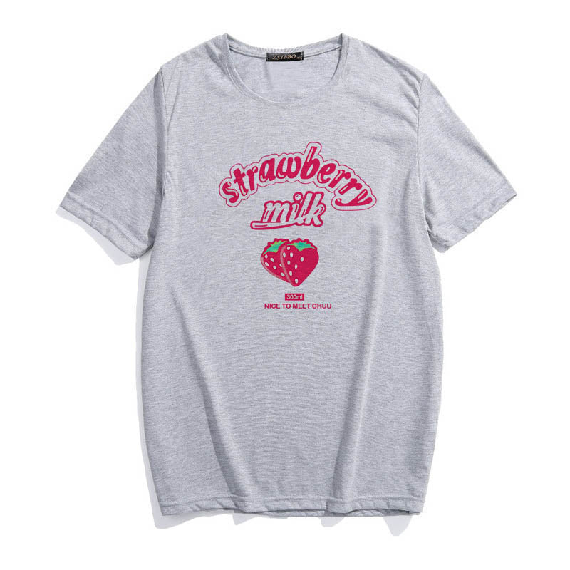 Red Strawberry Milk Gray T Shirt