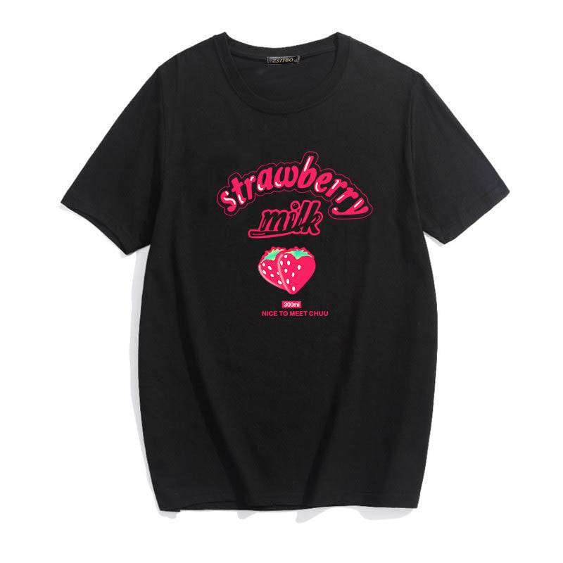 Red Strawberry Milk Black T Shirt