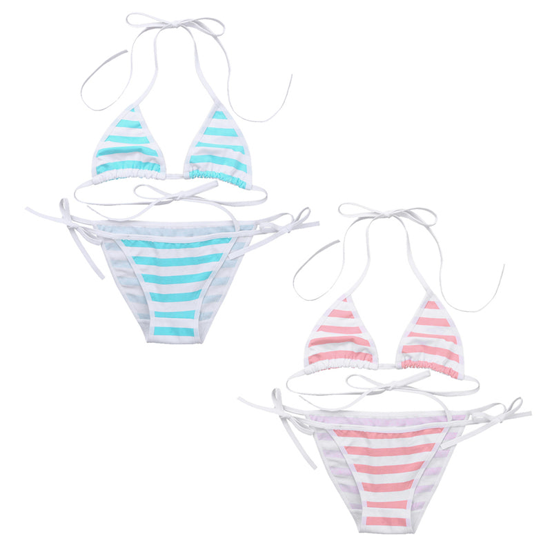Pink And Blue Striped Bikini Set