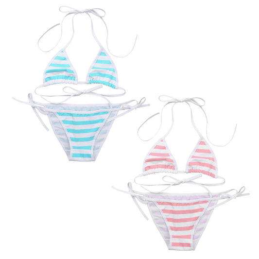 Pink And Blue Striped Bikini Set
