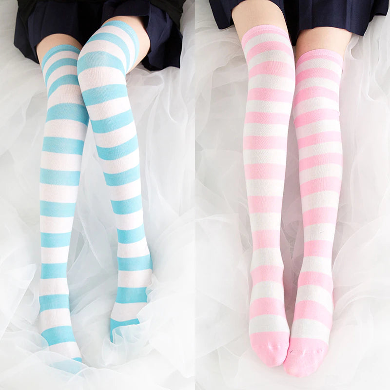 Blue And Pink Striped Thigh Highs