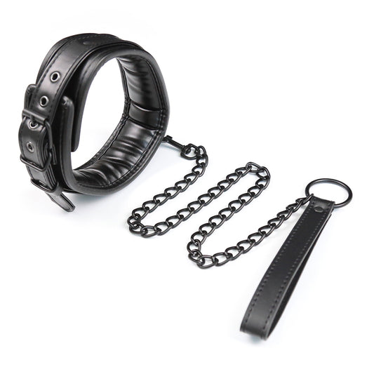 Stuffed Black Leather Collar And Black Chain Leash