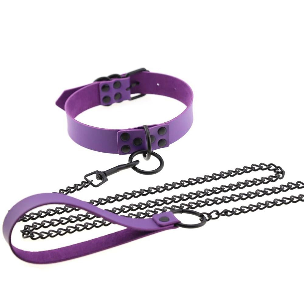 Purple Leather Collar With Black Chain Leash